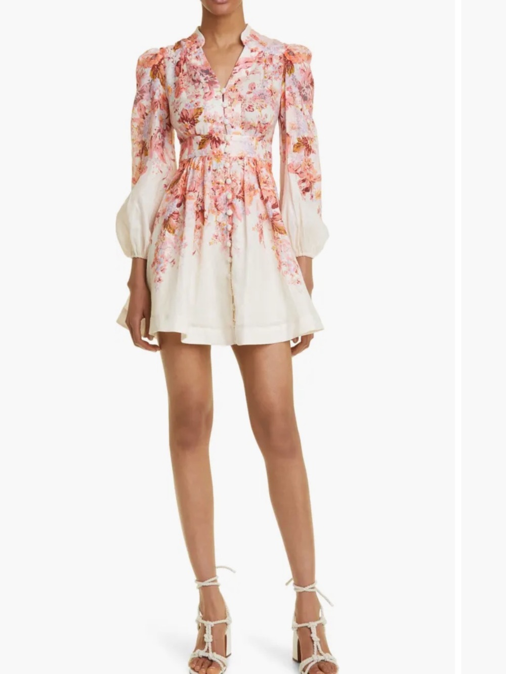 Zimmermann Pink and White Floral Puff-Sleeve Devi plunge Mini Dress - Picture 3 of 16